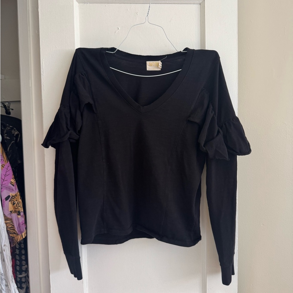Nation LTD Black V-Neck Ruffle Sleeve Sweatshirt